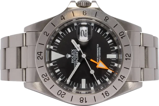 Title: Explorer II 40, Sort, Stål
Brand: Rolex
Model: Explorer II
Ref: 1655
Category: Sport
Diameter: 40mm
Functions: Dato, GMT
Year: 1976
Price: 169900
Condition: 7.0
Dial Color: Sort
Strap: Metal
Case material: Stål
Gender: Herre
Match: 100.0%
Billedet er ejet af Urhandleren (102513) Et Rolex ur