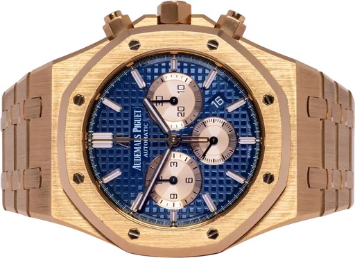 Title: Royal Oak Chronograph, 18 kt. Rose Gold, Blue Dial, 41mm
Brand: Audemars Piguet
Model: Royal Oak Chronograph 41mm
Ref: 26331OR.OO.1220OR.01
Category: Racing
Diameter: 41mm
Functions: Kronograf, Dato
Year:
Price: 879900
Condition: 10.0
Dial Color: Blå
Strap: Metal
Case material: Guld
Gender: Herre
Match: 100.0%
Billedet er ejet af Urhandleren (102475) Et Audemars Piguet ur