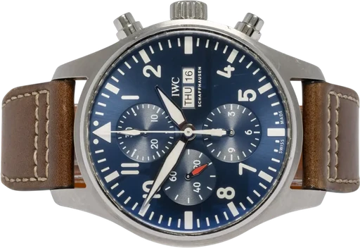 Title: Pilot’s Watch Chronograph Le Petit Prince 43, Blå, Stål, Læder
Brand: IWC
Model: IWC Pilot's Watch Chronograph
Ref: IW377714
Category: Pilot
Diameter: 43mm
Functions: Kronograf, Dato, Ugedag
Year: 2017
Price: 39900
Condition: 10.0
Dial Color: Blå
Strap: Læder
Case material: Stål
Gender: Herre
Match: 100.0%
Billedet er ejet af Urhandleren (341764) Et IWC ur