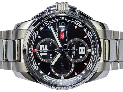 Title: Mille Miglia GT XL Chronograph, 44
Brand: Chopard
Model: Mille Miglia GT XL Chronograph
Ref: 158459-3001
Category: Sport
Diameter: 44mm
Functions: Kronograf, Dato
Year: 2014
Price: 49900
Condition: undefined
Dial Color: Sort
Strap: Metal
Case material: Stål
Gender: Herre
Match: 100.0%
Billedet er ejet af Urhandleren (102617) Et Chopard ur