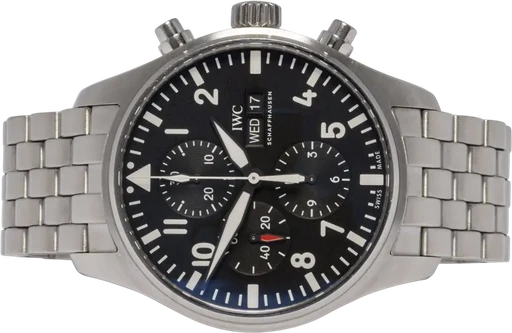 Title: Pilot’s Watch Chronograph 43, Sort, Stål
Brand: IWC
Model: IWC Pilot's Watch Chronograph
Ref: IW377710
Category: Pilot
Diameter: 43mm
Functions: Kronograf, Dato, Ugedag
Year:
Price: 39900
Condition: 10.0
Dial Color: Sort
Strap: Metal
Case material: Stål
Gender: Herre
Match: 100.0%
Billedet er ejet af Urhandleren (149375) Et IWC ur