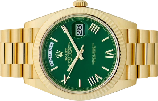 Titel: Day-Date 228238 Green
Mærke: Rolex
Model: Day-Date
Ref.: 228238
Årgang: 2024
Tilbehør: Boks og Papirer
Stand: 10.0 (Nyt)
Pris: 385.000 kr.
Diameter: 40mm
Funktioner: Dato, Ugedag
Skivefarve: Grøn
Rem: Metal
Kassemateriale: Guld
Kategori: Dress
Køn: Herre
Match: 100.0%
Billedet ejes af Urbørsen (102201) Et Rolex ur