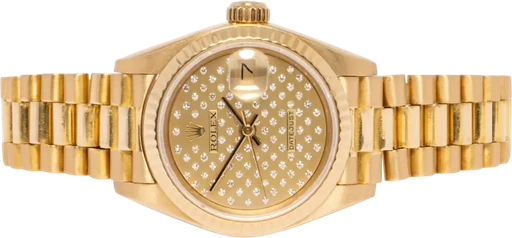 Title: Lady-Datejust 26, Champagne, Diamant, Guld, President
Brand: Rolex
Model: Datejust
Ref: 69178
Category: Dress
Diameter: 26mm
Functions: Dato
Year: 1984
Price: 109900
Condition: 7.5
Dial Color: Guld
Strap: Metal
Case material: Guld
Gender: Dame
Match: 100.0%
Billedet er ejet af Urhandleren (102537) Et Rolex ur