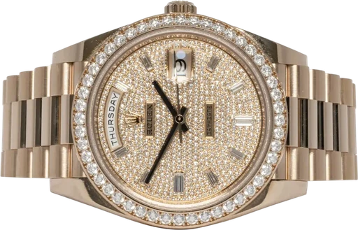 Title: Day-Date 40, Diamond-Paved, Everose, President
Brand: Rolex
Model: Day-Date
Ref: 228345RBR
Category: Dress
Diameter: 40mm
Functions: Dato, Ugedag
Year:
Price:
Condition: 7.5
Dial Color: Guld
Strap: Metal
Case material: Guld
Gender: Herre
Match: 100.0%
Billedet er ejet af Urhandleren (376433) Et Rolex ur